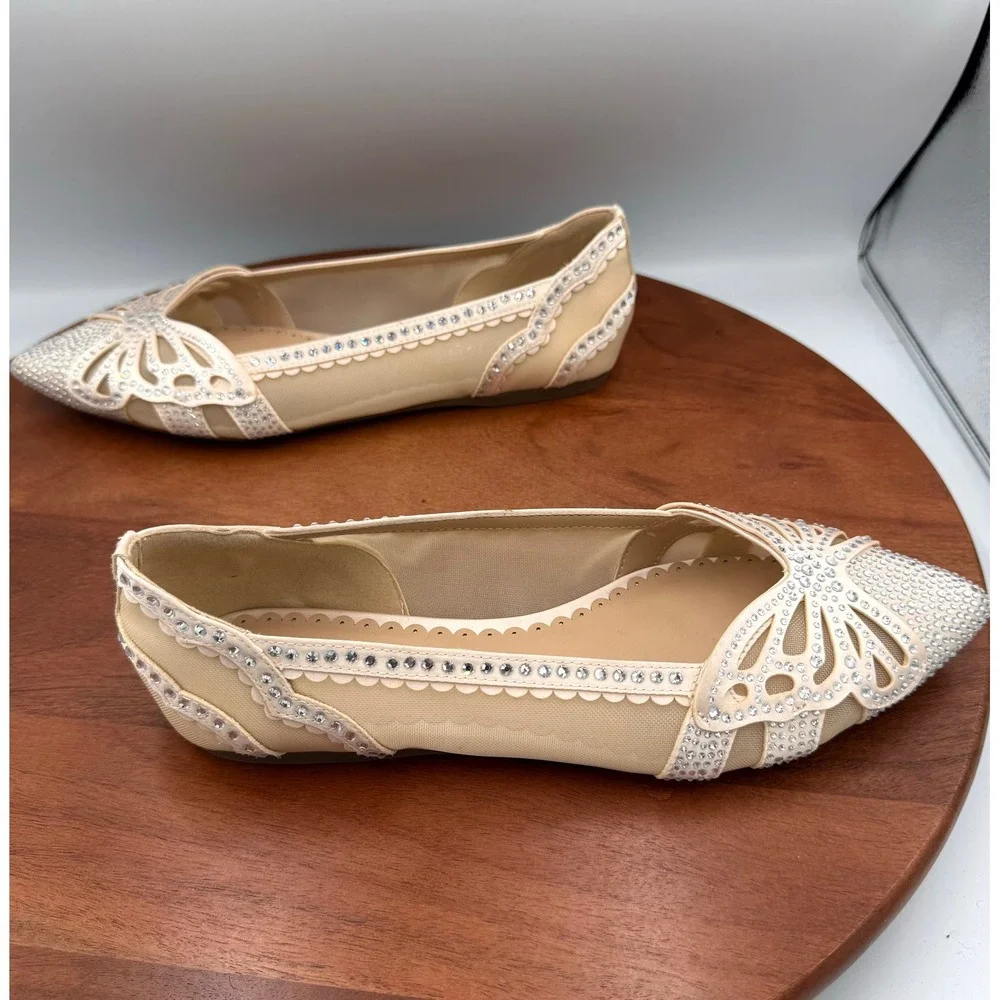 Copper Key Ritzie Satin Mesh Rhinestone Butterfly‎ Flats Bridal Fairy Glam W 8.5